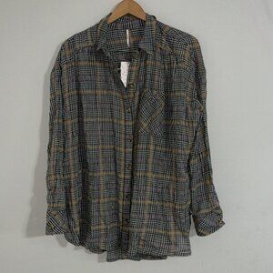 Free People Break My Stride Oversized Plaid Long Sleeve Button Up Shirt medium